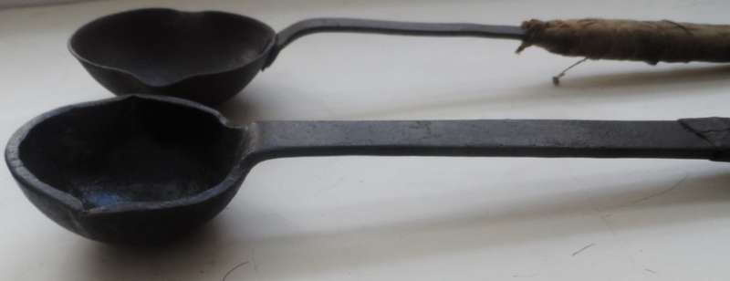 SOLID CAST IRON , 2 LADLES ,VINTAGE CAST , for smelting, wax pouring, blacksmithing burlap wrap hand
