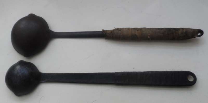 SOLID CAST IRON , 2 LADLES ,VINTAGE CAST , for smelting, wax pouring, blacksmithing burlap wrap hand