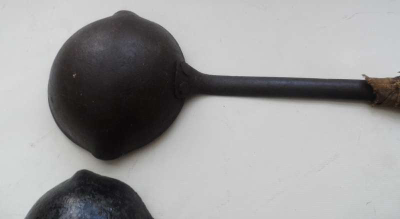 SOLID CAST IRON , 2 LADLES ,VINTAGE CAST , for smelting, wax pouring, blacksmithing burlap wrap hand
