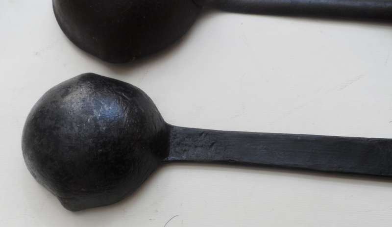 SOLID CAST IRON , 2 LADLES ,VINTAGE CAST , for smelting, wax pouring, blacksmithing burlap wrap hand