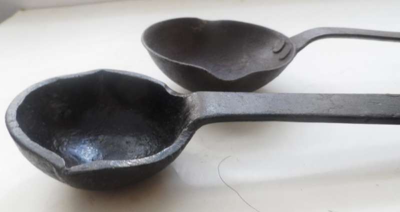 SOLID CAST IRON , 2 LADLES ,VINTAGE CAST , for smelting, wax pouring, blacksmithing burlap wrap hand