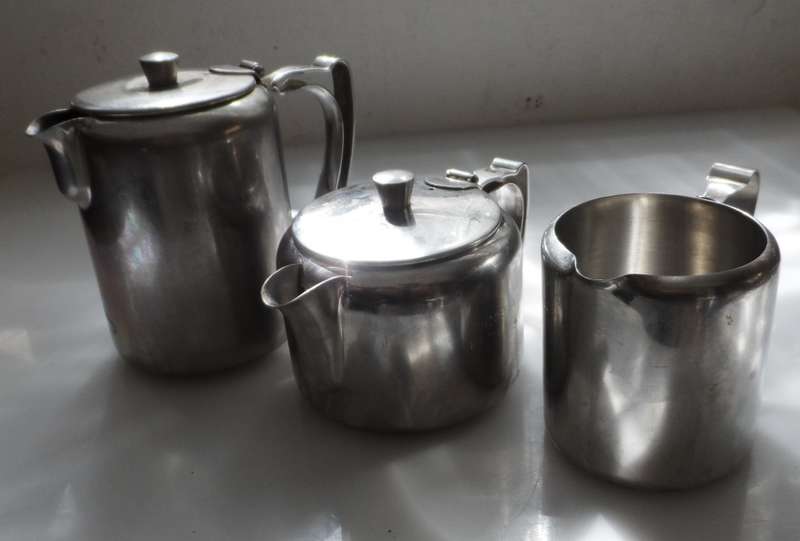 VINTAGE, late 50.s stainless steel, coffee pot, tea pot, milk jug/creamer `Rhodesia by the Sea `