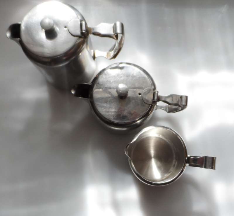 VINTAGE, late 50.s stainless steel, coffee pot, tea pot, milk jug/creamer `Rhodesia by the Sea `