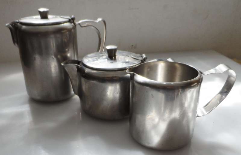 VINTAGE, late 50.s stainless steel, coffee pot, tea pot, milk jug/creamer `Rhodesia by the Sea `