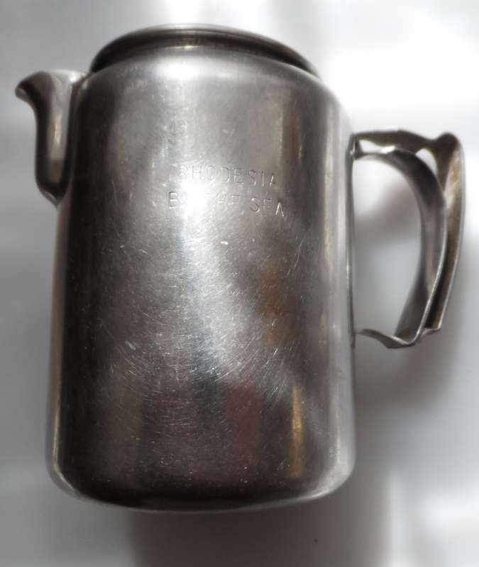 VINTAGE, late 50.s stainless steel, coffee pot, tea pot, milk jug/creamer `Rhodesia by the Sea `