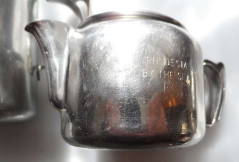 VINTAGE, late 50.s stainless steel, coffee pot, tea pot, milk jug/creamer `Rhodesia by the Sea `