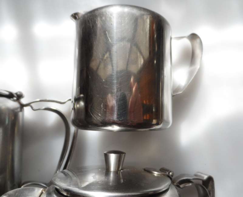 VINTAGE, late 50.s stainless steel, coffee pot, tea pot, milk jug/creamer `Rhodesia by the Sea `