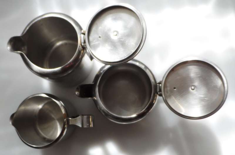 VINTAGE, late 50.s stainless steel, coffee pot, tea pot, milk jug/creamer `Rhodesia by the Sea `