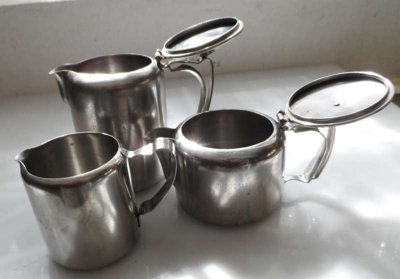 VINTAGE, late 50.s stainless steel, coffee pot, tea pot, milk jug/creamer `Rhodesia by the Sea `