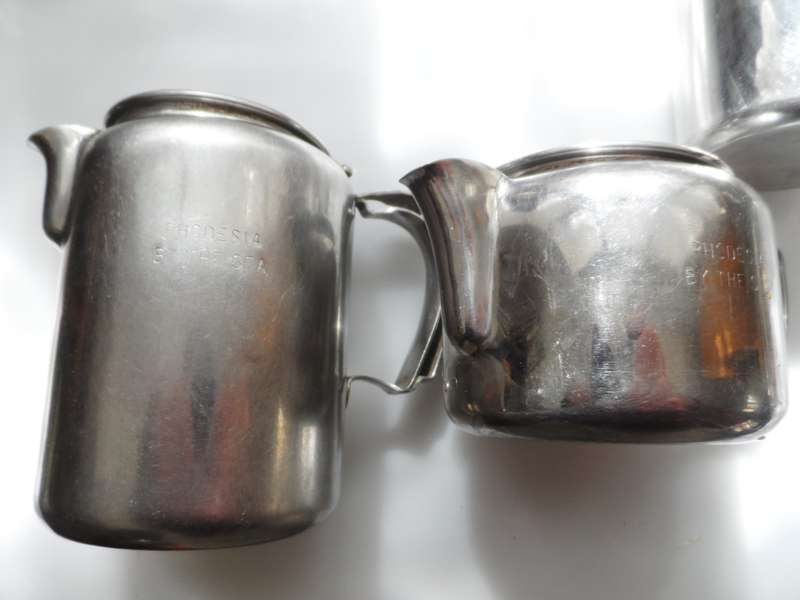 VINTAGE, late 50.s stainless steel, coffee pot, tea pot, milk jug/creamer `Rhodesia by the Sea `
