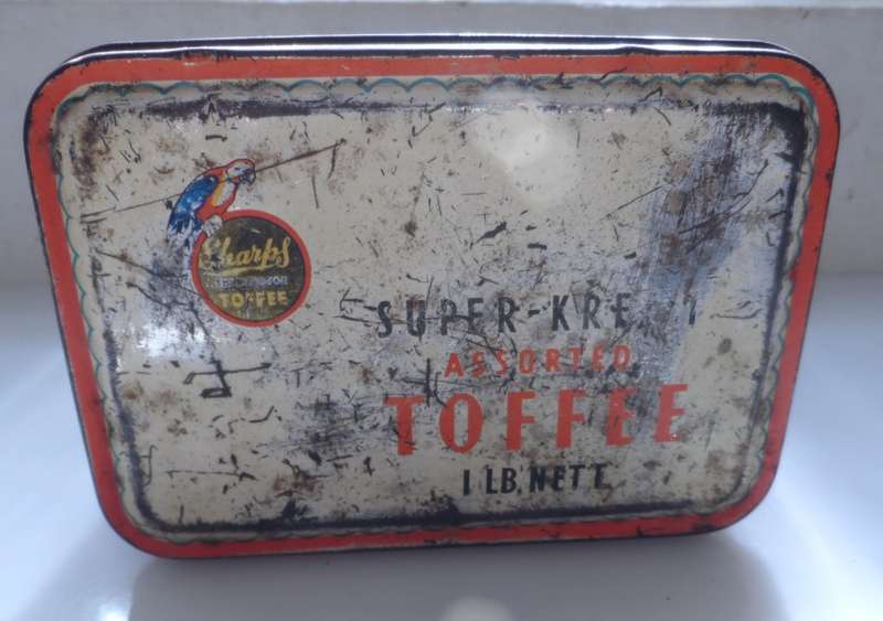 VINTAGE, COLLECTIBLE,  SHARPS LIDDED ,TOFFEE TIN , 1 lb. nett