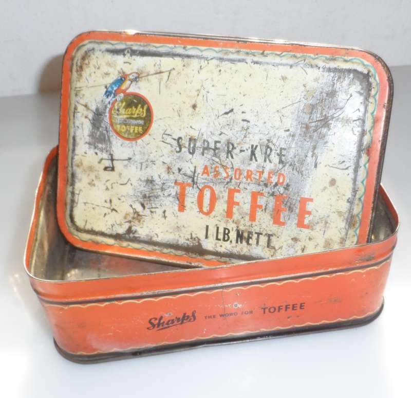 VINTAGE, COLLECTIBLE,  SHARPS LIDDED ,TOFFEE TIN , 1 lb. nett