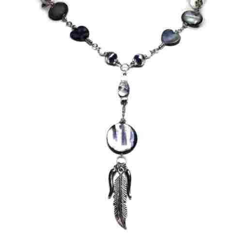 Necklace, European style Necklace- Nacre necklace dark blue with feather +/- 90cm