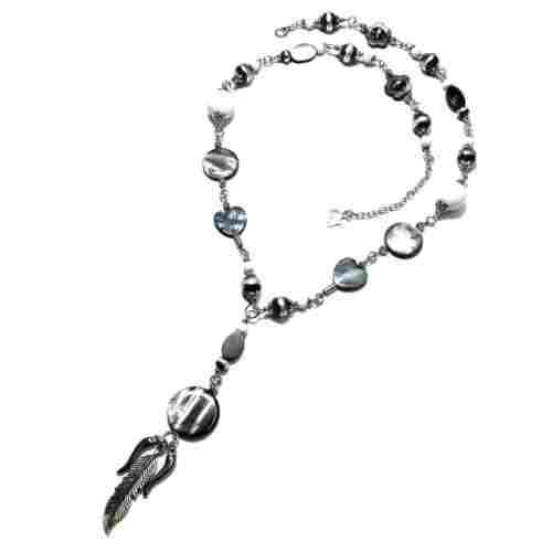 Necklace, European style Necklace- Nacre necklace dark blue with feather +/- 90cm