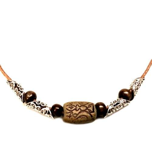 Necklace, Coconut Wooden Necklace  with Clay element - 50cm Men size