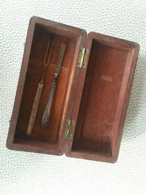 Antique Fork (Metal) and Holder (800 Silver) with wooden Box