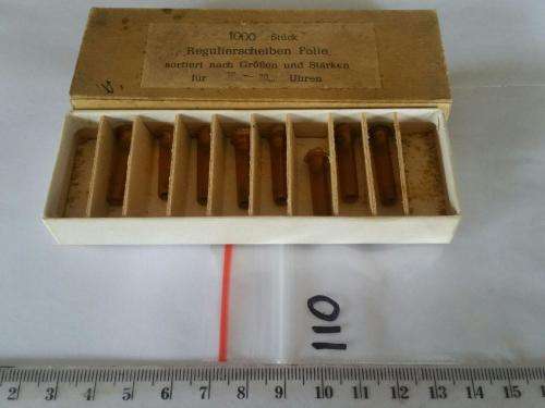 Watch parts - Regulierscheiben (regulating discs) in a box -Watchmaker Treasures