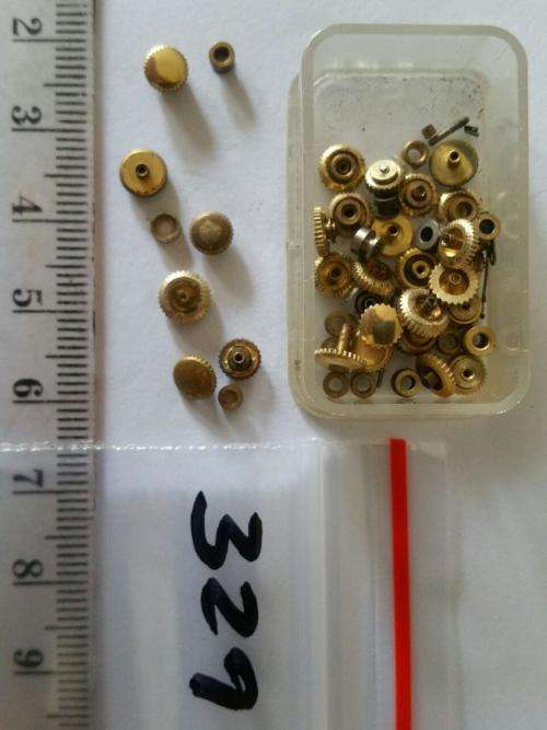 Watch parts- Box with div. 29 crowns  stainless / goldplaque`- Watchmaker find your Treasure