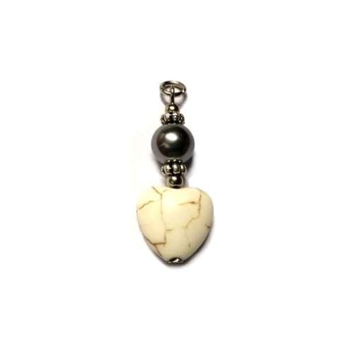 Pendants / Heart Pendant - Howlite, Cultured Pearl - 1pc - 40x14mm / Pendants for crafting