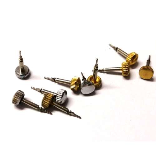 Watch parts- 10 crowns  stainl.+goldpl.-W+/-5.5mm incl. stem H10.5-14.9mm -Watchmaker Treasure