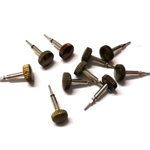 Watch parts- 10 crowns  goldplaque` W5.5mm incl. stem H13.3mm -Watchmaker Treasure