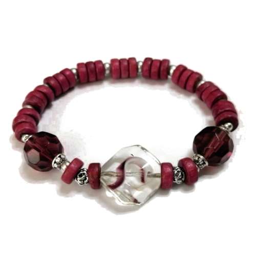Bracelet,  Wood - Glass Bracelet with stretch elastic ( fits for any size )