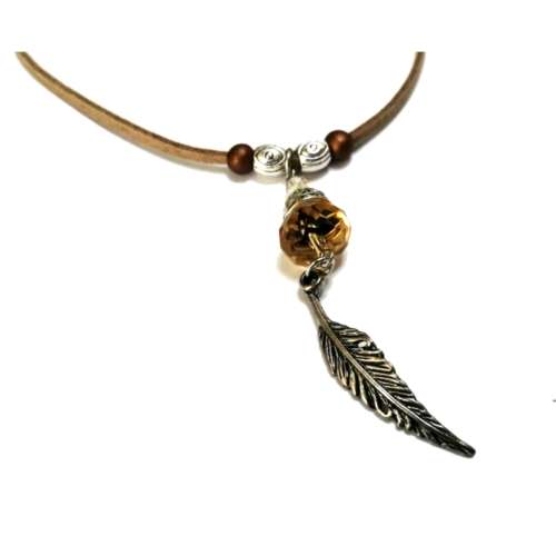 Necklace, Crystal Pendant Necklace with Feather