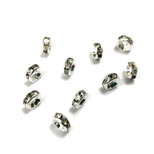 Beads / Rondells with bling stones- Metal Beads - 10pcs -6x3mm / beads for crafting