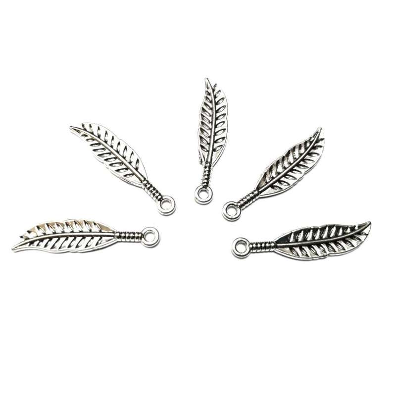 Pendants / Feather Pendants  - Silver Metal   - 30pcs - 31x7mm / Pendants for crafting