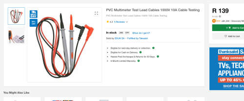 Multimeter Probes Cat3, 1000v 10A. 1m Length. Suitable Replacement