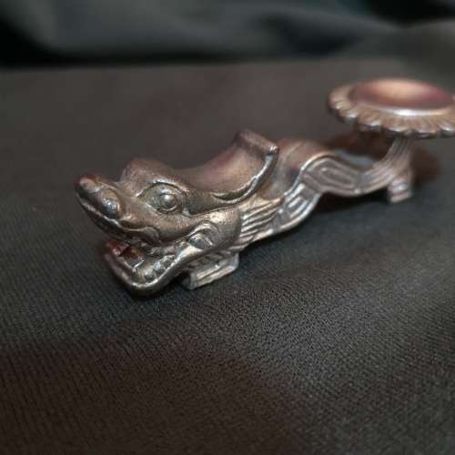 Vintage Chinese Dragon Spoon & Chopstick Rest. White solid metal (Heavy)