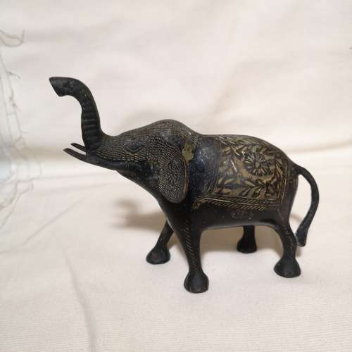 Vintage Metal Black & Brass engraved handcut Elephant with Trunk Up Hand Painted Hand Carved