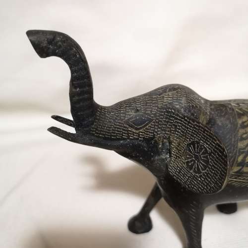 Vintage Metal Black & Brass engraved handcut Elephant with Trunk Up Hand Painted Hand Carved