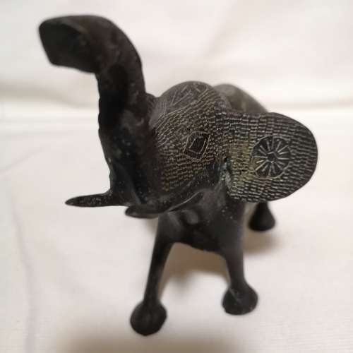 Vintage Metal Black & Brass engraved handcut Elephant with Trunk Up Hand Painted Hand Carved