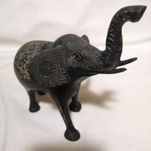 Vintage Metal Black & Brass engraved handcut Elephant with Trunk Up Hand Painted Hand Carved