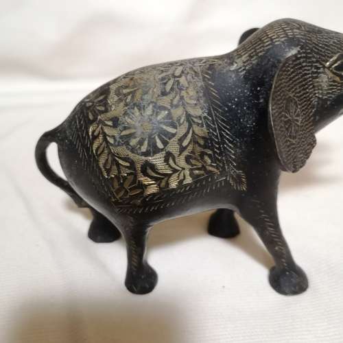 Vintage Metal Black & Brass engraved handcut Elephant with Trunk Up Hand Painted Hand Carved
