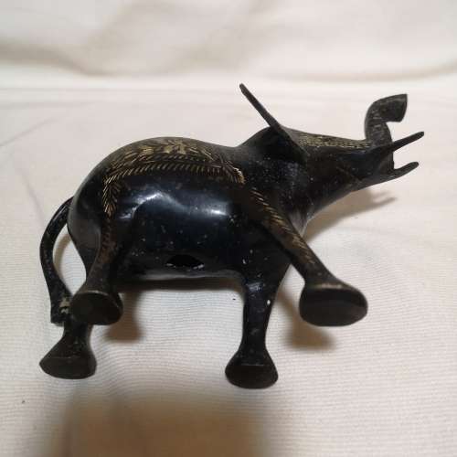 Vintage Metal Black & Brass engraved handcut Elephant with Trunk Up Hand Painted Hand Carved
