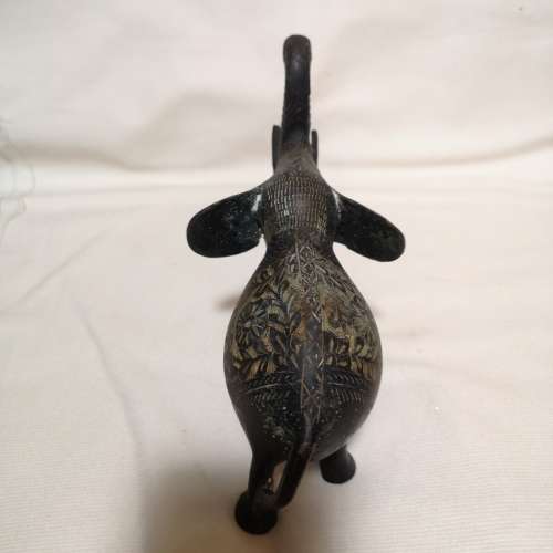 Vintage Metal Black & Brass engraved handcut Elephant with Trunk Up Hand Painted Hand Carved