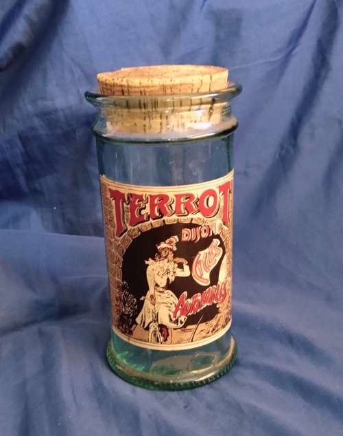 Vintage Glass Storage Jar With Cork Lid 1970s TERROT DIJON CYCLES with Art Nouveau