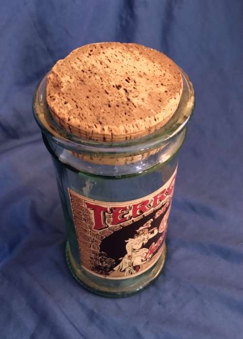 Vintage Glass Storage Jar With Cork Lid 1970s TERROT DIJON CYCLES with Art Nouveau