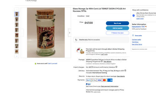 Vintage Glass Storage Jar With Cork Lid 1970s TERROT DIJON CYCLES with Art Nouveau