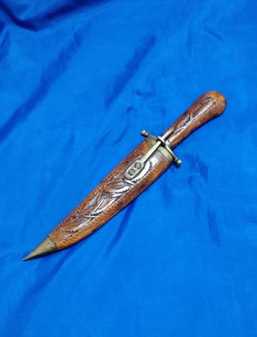 Vintage Indian Brass Fitted Iron Dagger Knife With Wooden Scabbard Cover and sheath lock mechanism