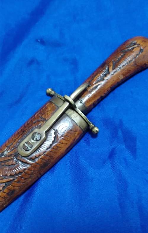 Vintage Indian Brass Fitted Iron Dagger Knife With Wooden Scabbard Cover and sheath lock mechanism