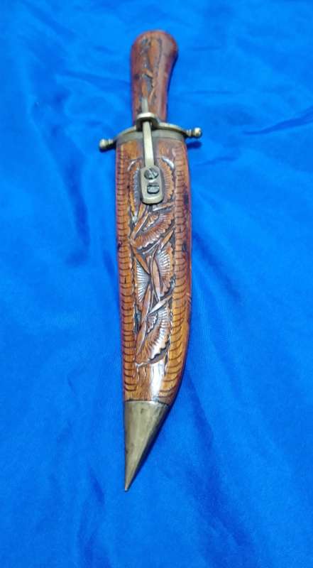 Vintage Indian Brass Fitted Iron Dagger Knife With Wooden Scabbard Cover and sheath lock mechanism