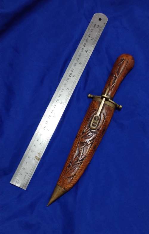 Vintage Indian Brass Fitted Iron Dagger Knife With Wooden Scabbard Cover and sheath lock mechanism