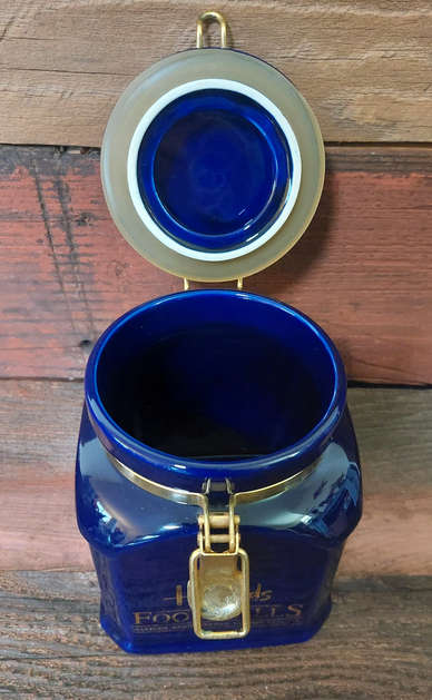 Harrods Knightbridge, Food Halls canister, London England, Cobalt Blue