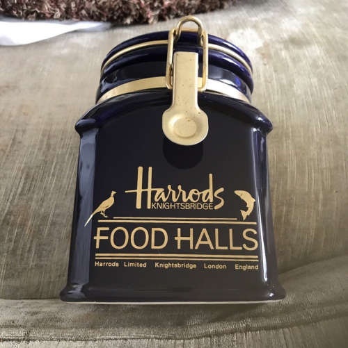Harrods Knightbridge, Food Halls canister, London England, Cobalt Blue
