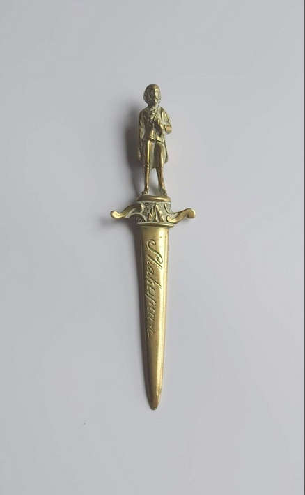 Vintage Solid Brass Letter Opener William Shakespeare, Antique England Paper Knife