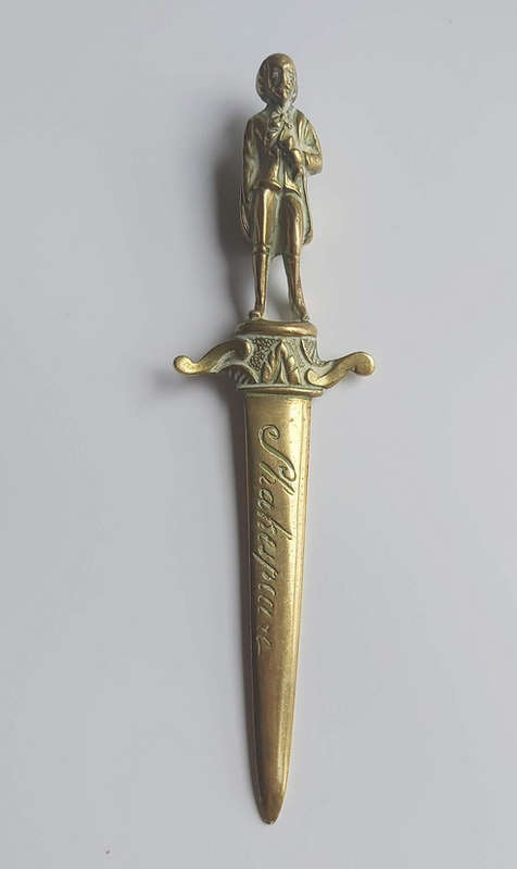Vintage Solid Brass Letter Opener William Shakespeare, Antique England Paper Knife
