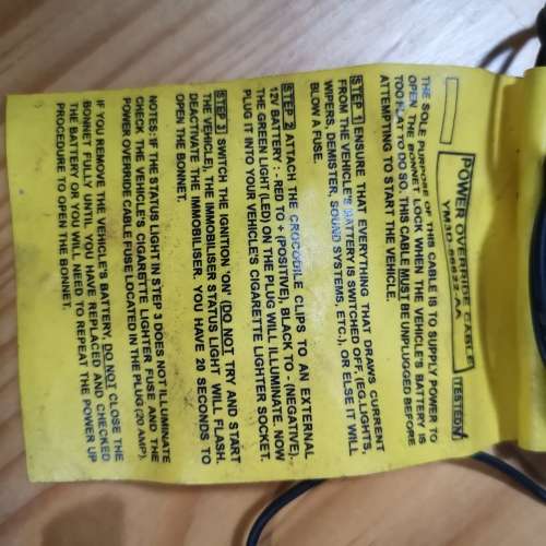 Power override cable for opening vehicle bonnet in the event of battery failure